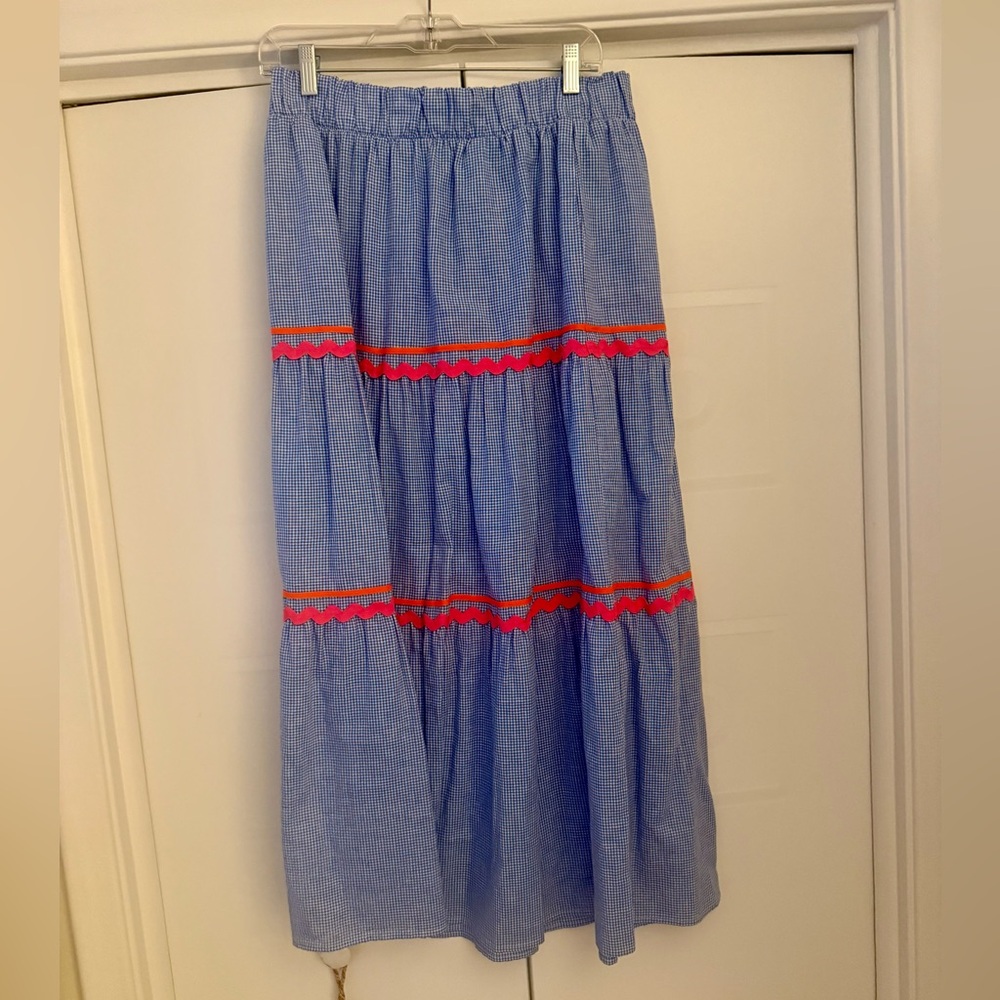 Vilagallo Blue Check Maxi Skirt with Pink & Orange Trim